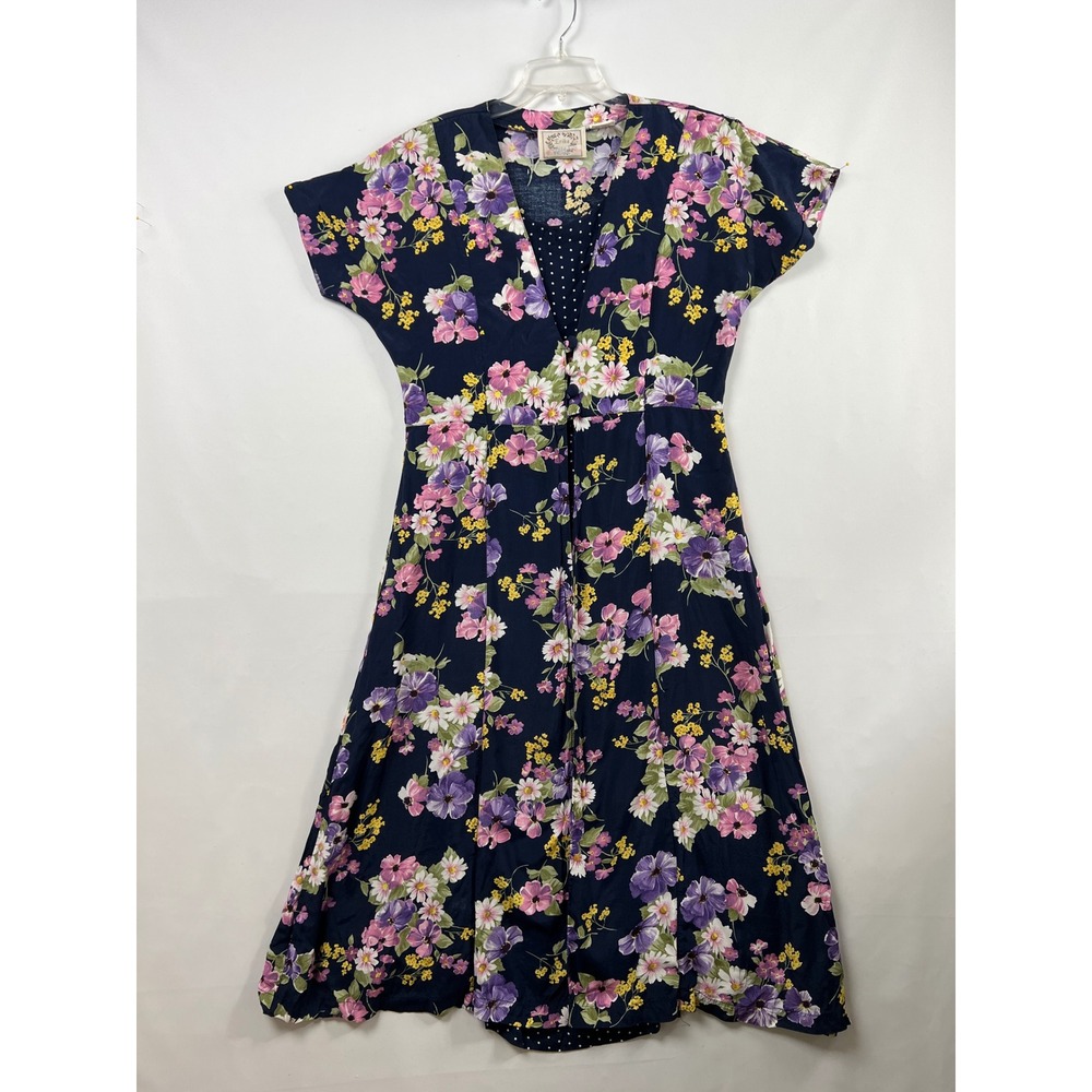 Vintage Erika Floral Midi Dress Womens Large Navy Blue V-Neck Short Sleeve